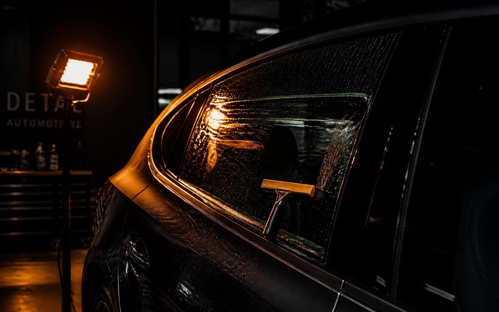 Window film being squeegeed onto a car door glass under a single work light in a dark detail bay